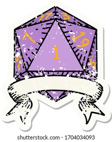 grunge sticker of a natural one d20 dice roll