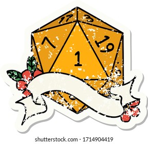 grunge sticker of a natural one d20 dice roll