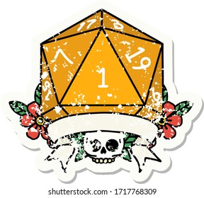 grunge sticker of a natural one d20 dice roll