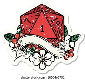 grunge sticker of a natural one d20 dice roll