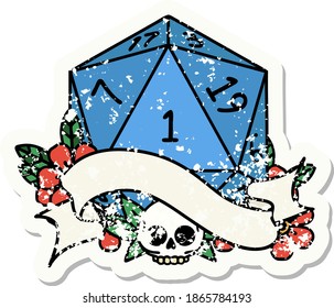 grunge sticker of a natural one d20 dice roll