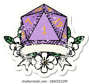 grunge sticker of a natural one d20 dice roll