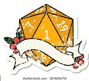 grunge sticker of a natural one d20 dice roll