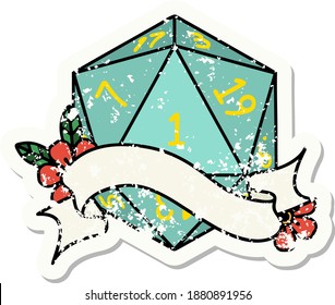 grunge sticker of a natural one d20 dice roll
