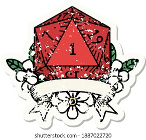 grunge sticker of a natural one d20 dice roll