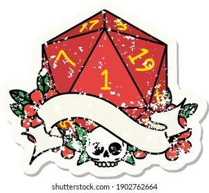 grunge sticker of a natural one d20 dice roll