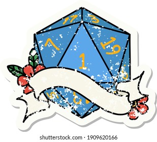 grunge sticker of a natural one d20 dice roll