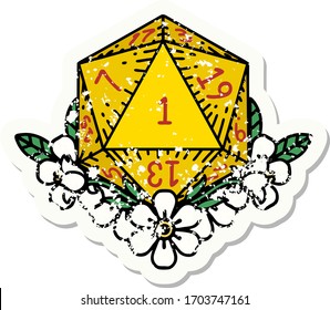 grunge sticker of a natural one dice roll with floral elements