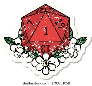 grunge sticker of a natural one dice roll with floral elements