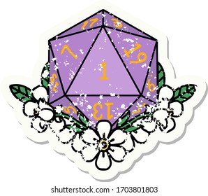 grunge sticker of a natural one dice roll with floral elements