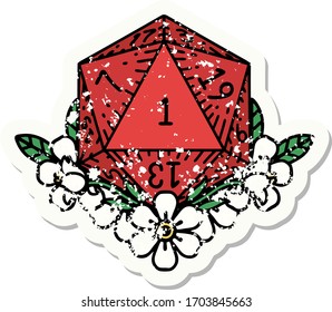 grunge sticker of a natural one dice roll with floral elements