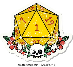grunge sticker of a natural one dice roll with floral elements