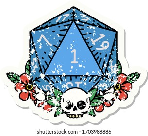 grunge sticker of a natural one dice roll with floral elements
