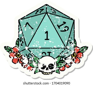 grunge sticker of a natural one dice roll with floral elements