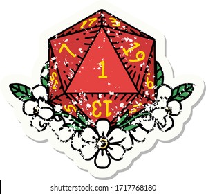 grunge sticker of a natural one dice roll with floral elements