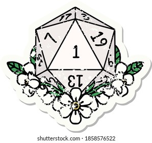 grunge sticker of a natural one dice roll with floral elements