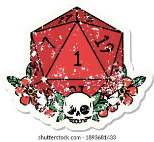 grunge sticker of a natural one dice roll with floral elements