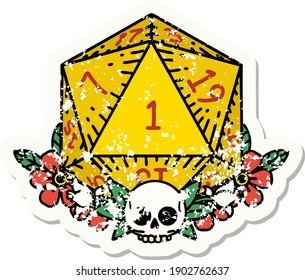 grunge sticker of a natural one dice roll with floral elements