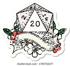 grunge sticker of a natural twenty D20 dice roll