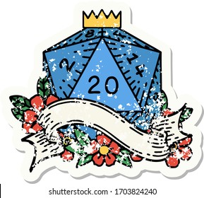 grunge sticker of a natural twenty D20 dice roll
