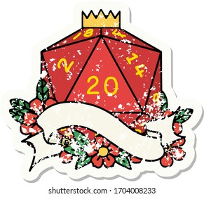 grunge sticker of a natural twenty D20 dice roll