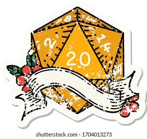 grunge sticker of a natural twenty D20 dice roll