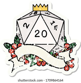 grunge sticker of a natural twenty D20 dice roll