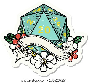 grunge sticker of a natural twenty D20 dice roll