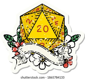grunge sticker of a natural twenty D20 dice roll