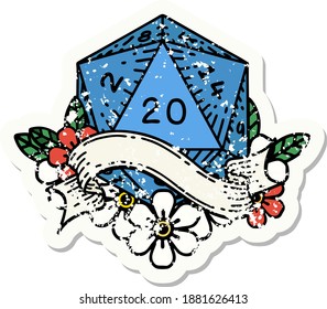 grunge sticker of a natural twenty D20 dice roll