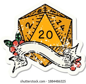 grunge sticker of a natural twenty D20 dice roll
