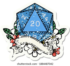grunge sticker of a natural twenty D20 dice roll