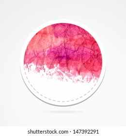 Grunge sticker. Pink grunge banner. Retro label. Website decorative element.  Watercolor vintage background. Crumpled paper background.