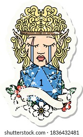 grunge sticker of a sad elf barbarian character face with natural one D20 roll
