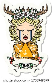 grunge sticker of a sad elf druid character face with natural one D20 roll