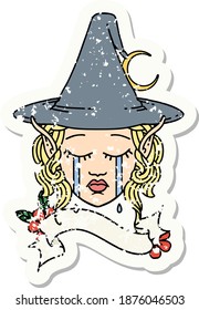 grunge sticker of a sad elf mage character face