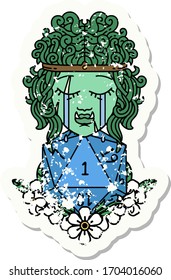 grunge sticker of a sad orc barbarian character face with natural one d20 roll