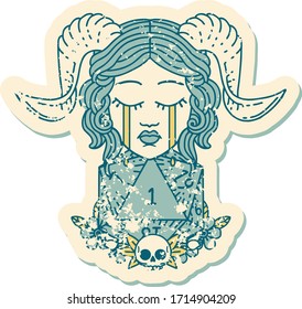 grunge sticker of a sad tiefling with natural one d20 dice roll