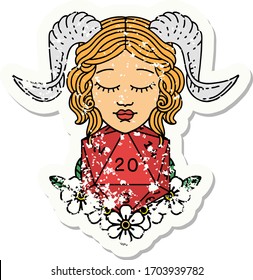 grunge sticker of a tiefling with natural 20 D20 dice roll