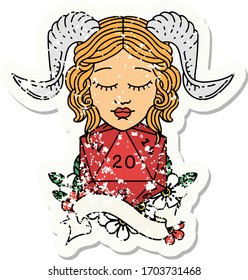 grunge sticker of a tiefling with natural twenty dice roll