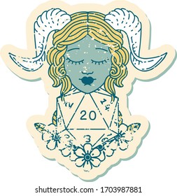 grunge sticker of a tiefling with natural twenty dice roll