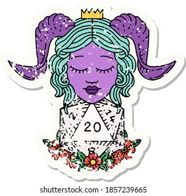 grunge sticker of a tiefling with natural twenty d20 dice roll