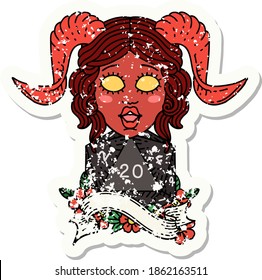 grunge sticker of a tiefling with natural twenty dice roll