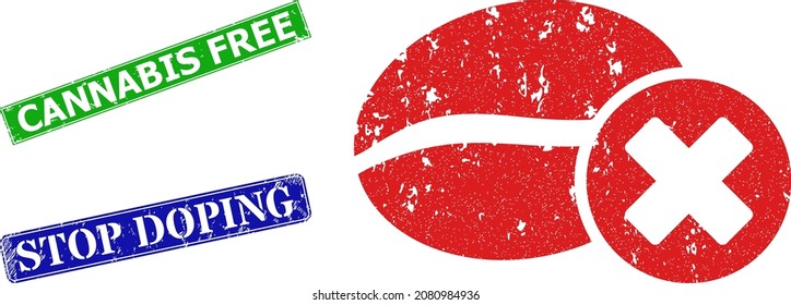 Grunge stop coffee icon and rectangular rubber Cannabis Free seal stamp. Vector green Cannabis Free and blue Stop Doping imprints with scratched rubber texture,