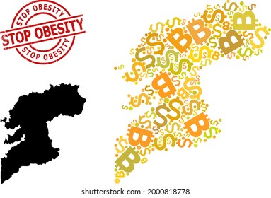 Grunge Stop Obesity stamp, and finance collage map of Pontevedra Province. Red round stamp seal contains Stop Obesity caption inside circle.