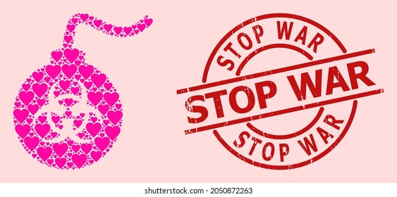 Sello de estampado de la guerra de Grunge Stop, mosaico rosa del corazón del amor para bomba de riesgo biológico. El sello rojo redondo incluye la etiqueta Stop War dentro del círculo. El collage de bombas de riesgo biológico está construido con símbolos de romance rosados.