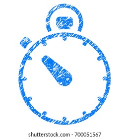 Grunge Stopwatch icon with grunge design and dust texture. Unclean vector blue pictogram for rubber seal stamp imitations and watermarks. Draft emblem symbol.