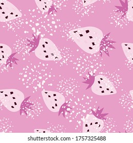 Grunge strawberries seamless pattern on pink background. Sweet strawberry wallpaper. Decorative backdrop for fabric design, textile print, kitchen textiles, wrapping, cover. Vector illustration