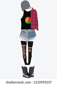 Grunge Street Fashion Style Of Young Girl Trendy In 90s With Boots, Short Pant Denim, Sleeveless Dress, Flannel Shirt And Balaclava