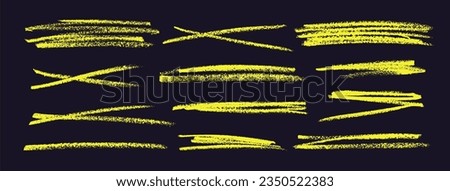 Grunge strike through and underline yellow elements. Set of hand drawn pencil lines and yellow marker strokes. Doodle vector graphic elements. Straight rough lines. Crosses horizontal strokes.